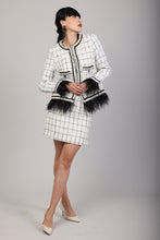 Embroidered Iridescent White Tweed Jacket With Real Black Feathers.