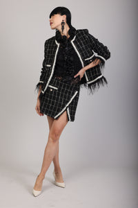 Embroidered Iridescent Black Tweed Feathered Jacket