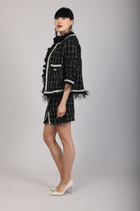 Embroidered Iridescent Black Tweed Feathered Jacket